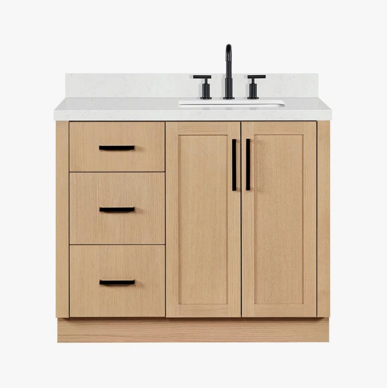 Contemporary Light Oak Wood Bathroom Vanity with Full Soft-Close Hardware & Solid Pine Drawer Boxes