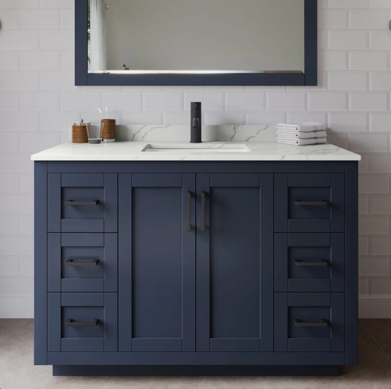 48" Modern Navy Shaker Vanity Cabinet with Matte Black Bar Pulls & Symmetric Multi-Drawer Storage