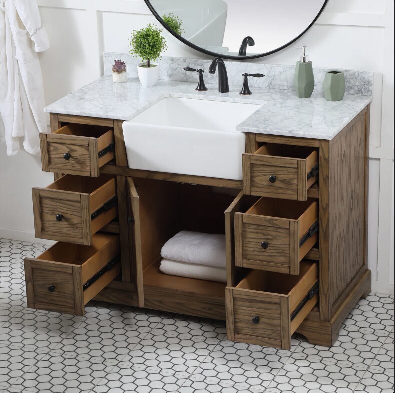 3 Transitional Rustic Oak Freestanding Bathroom Vanity with Soft-Close Hardware & Natural Marble Countertop