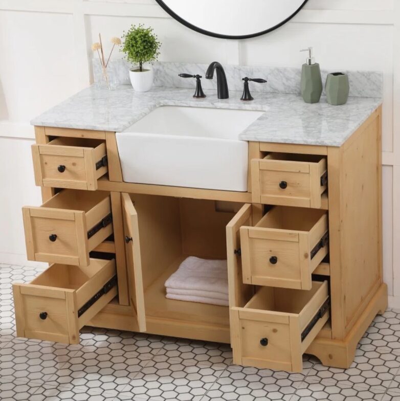3 48" Unfinished Light Pine Farm Vanity Cabinet with Matte Black Knobs & Symmetric Multi-Drawer Storage