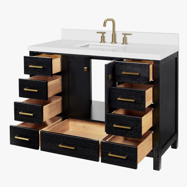 3 Rustic Black Oak Bathroom Vanity with Full Soft-Close Slides & Spacious Classified Storage