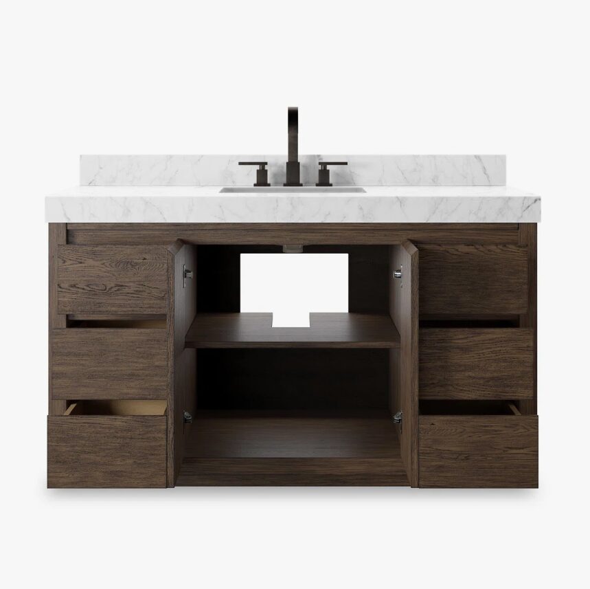 Contemporary Dark Oak Single Sink Vanity with Full Soft-Close Hardware & Large Internal Shelving