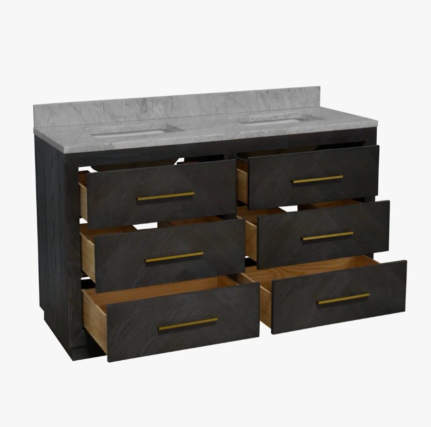 60" Modern Dark Wood Double Vanity Cabinet All Drawer Storage & Marble Countertop
