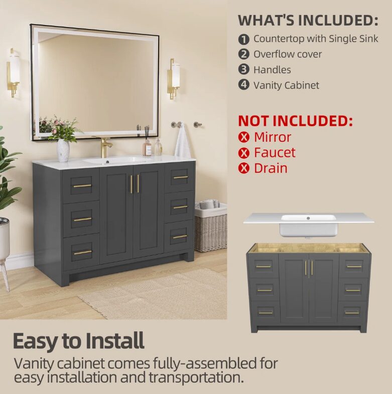 Modern Transitional Dark Gray Vanity Fully Assembled for Master Bathroom Renovation