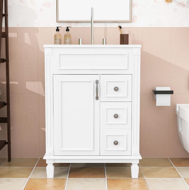 Classic White Bathroom Vanity with Soft Close Drawers Multi-Zone Storage & Decorative Wood Legs
