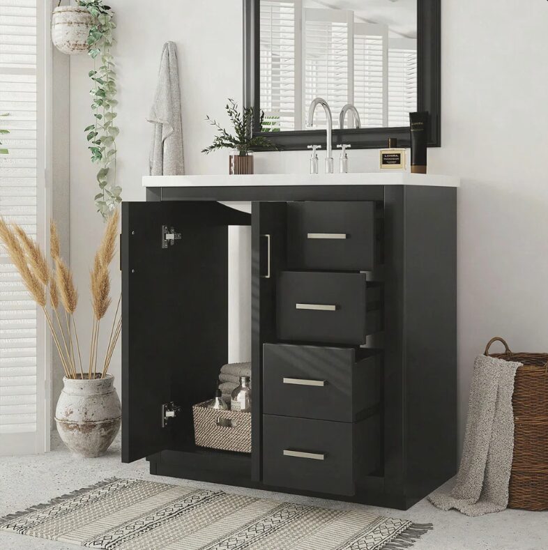 3 Contemporary Herringbone Bathroom Vanity Soft Close Drawers Spacious Split Storage Layout