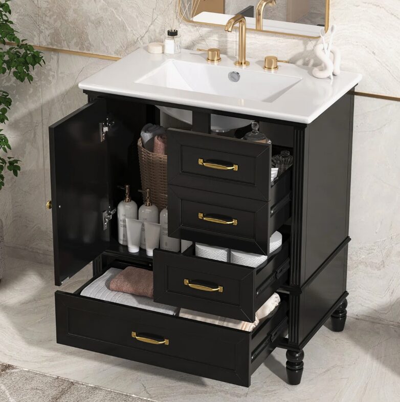 3 Vintage Traditional Black Bathroom Vanity Soft Close Drawers Large Split Storage Layout
