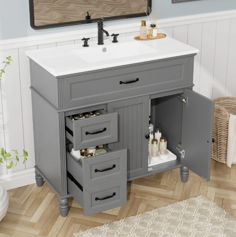 3 Cottage Style Grey Beadboard Bathroom Vanity Soft Close Drawers Split Organized Storage Layout