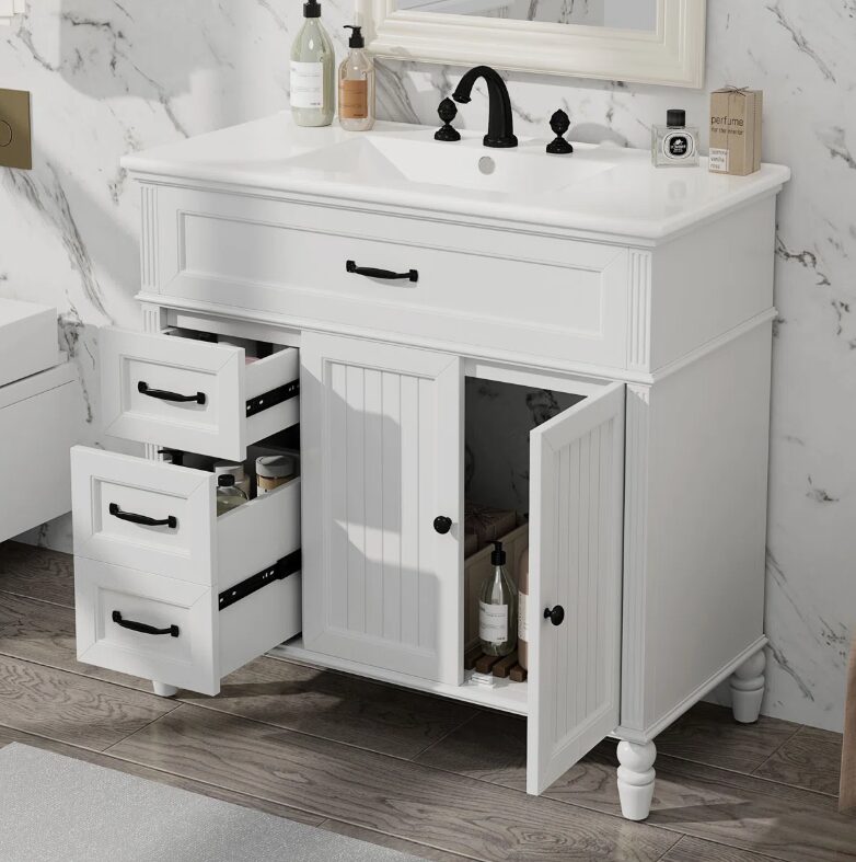 3 36" Freestanding White Farmhouse Bathroom Vanity with Multi-Drawer & Double Cabinet Doors