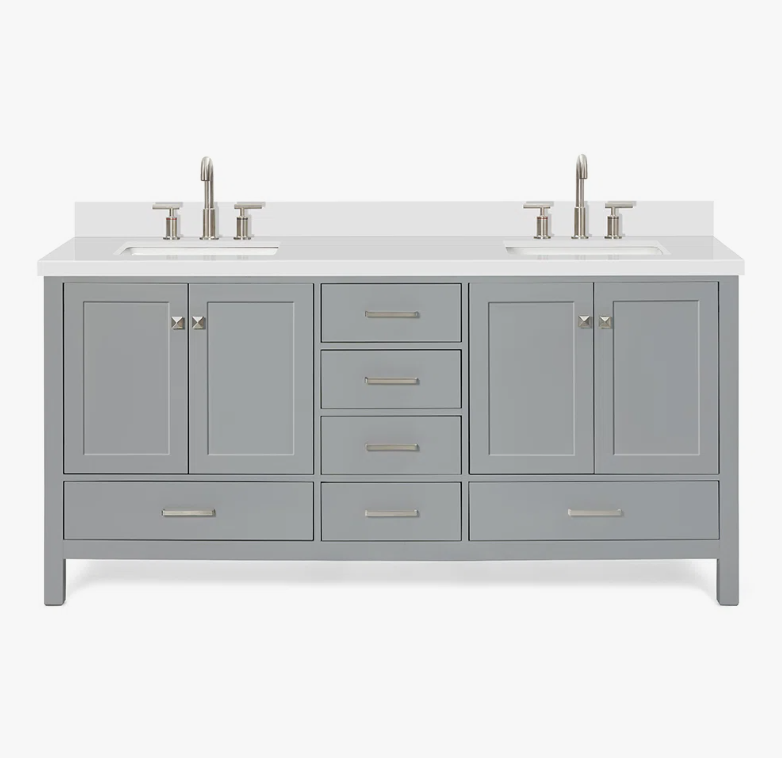 Modern Shaker Grey Double Sink Vanity Soft Close Drawers & Flexible Cabinet Storage Layout