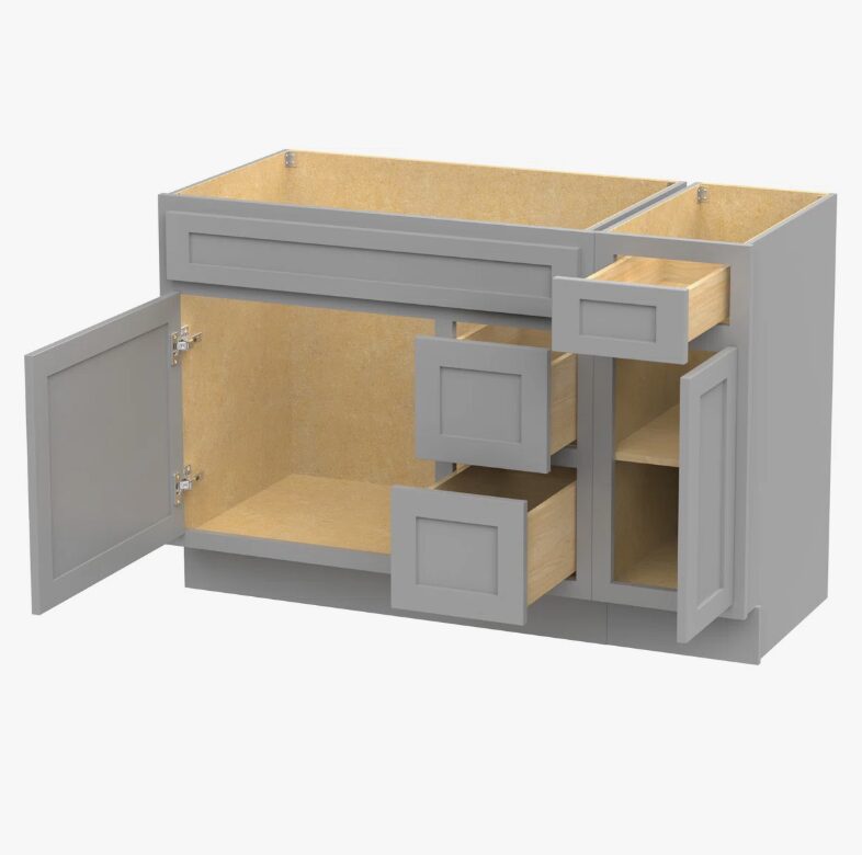 Neutral Light Grey Shaker Vanity Base Cabinet with Divided Storage for Bath Renovation