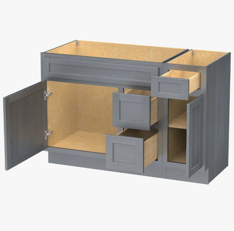 Neutral Grey Wood Shaker Vanity Base with Multi-Zone Storage for Bath Remodel