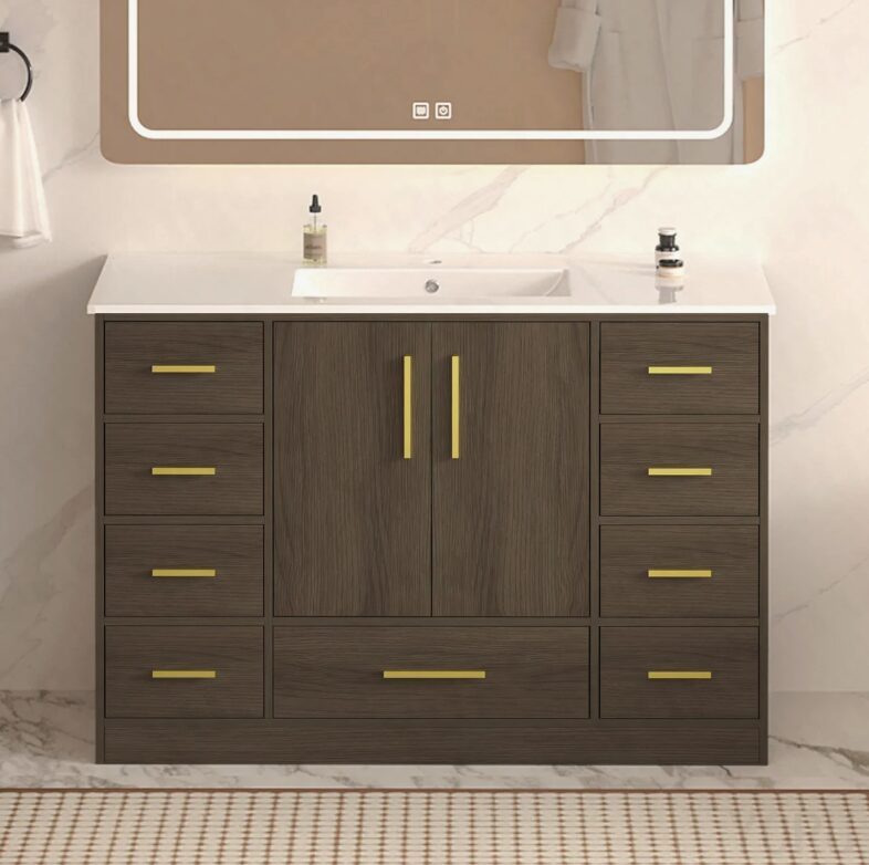 Contemporary Walnut Bathroom Vanity with Ample Divided Storage for Master Bath Remodel