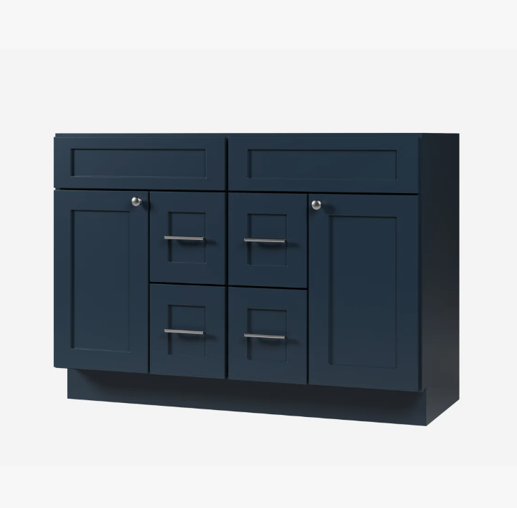 Spacious Navy Shaker Double Vanity Base with Multi-Drawer Storage for Master Bath Renovation