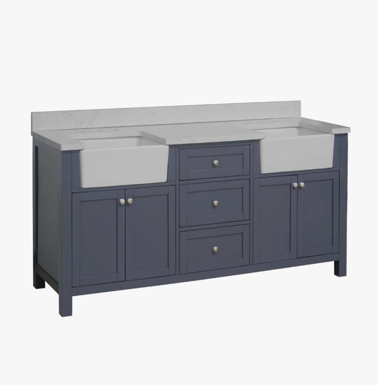 3 72" Freestanding Navy Double Farm Sink Vanity Cabinet with Symmetrical Storage