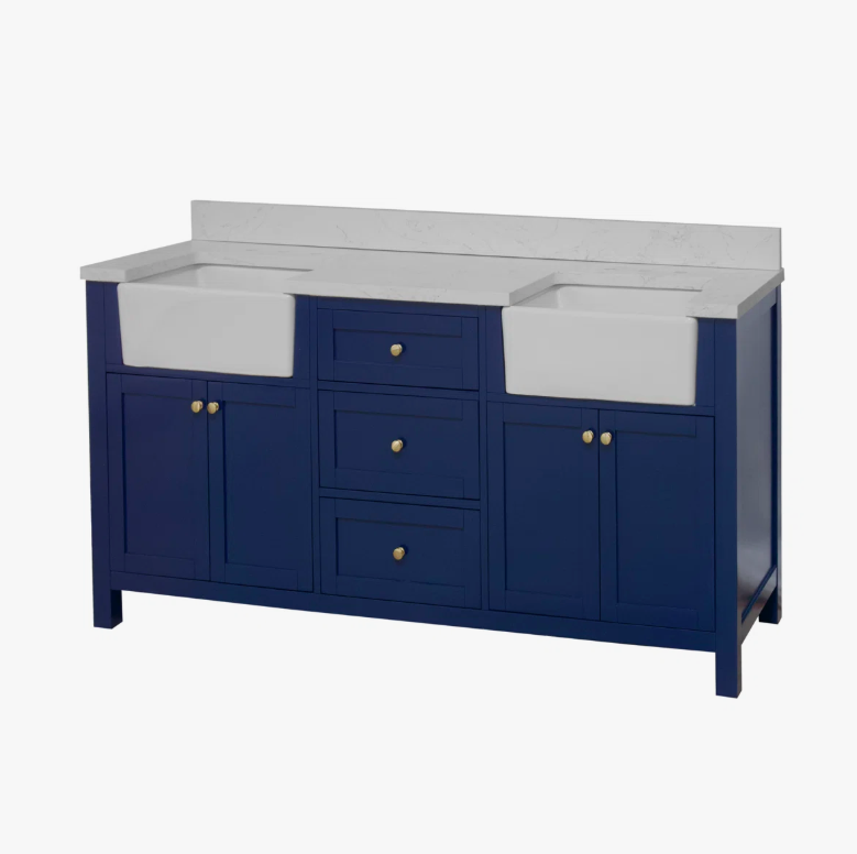 3 72" Freestanding Navy Double Farm Sink Vanity Cabinet with Balanced Storage Layout