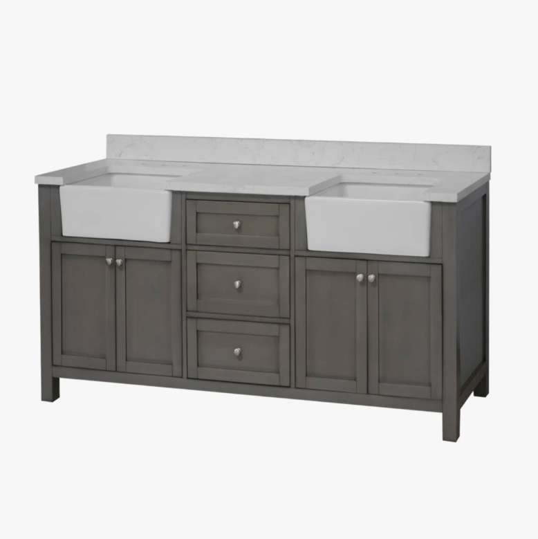 72" Freestanding Grey Double Farm Sink Vanity Cabinet with Symmetrical Storage