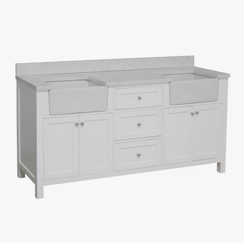 72" Freestanding White Double Farm Sink Vanity Cabinet with Symmetrical Storage