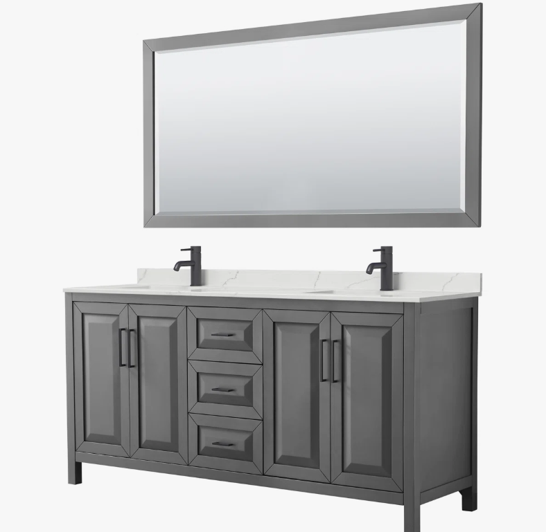 Contemporary Gray Shaker Double Vanity with Soft Close Drawers & Spacious Side Storage Cabinets