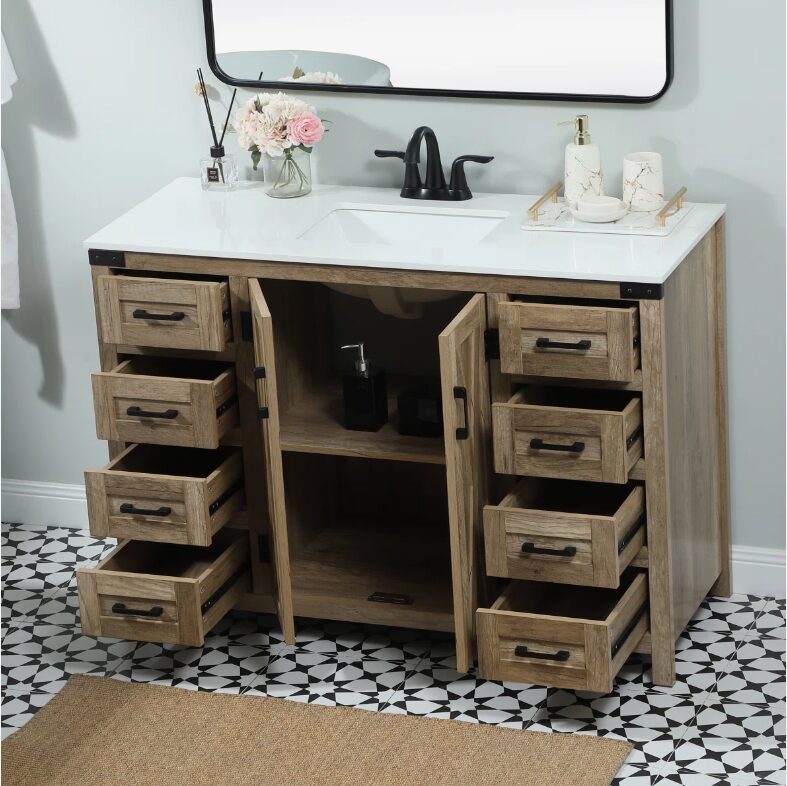 3 Rustic Barn Door Bathroom Vanity Cabinet with Drawer Storage & Quartz Top