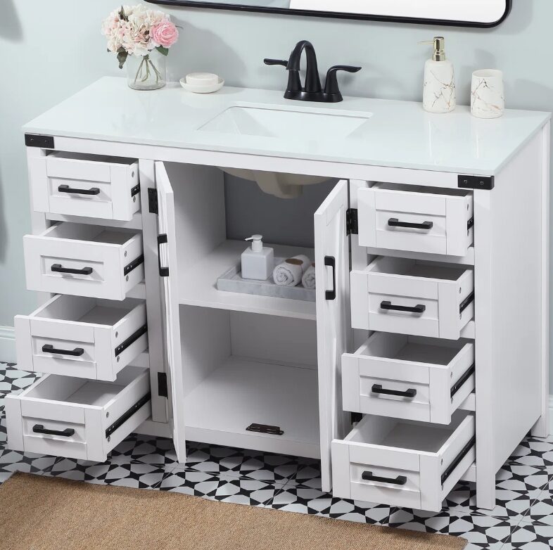 3 All-White Farmhouse Vanity with 8 Drawers for Spacious Organized Bathroom Storage