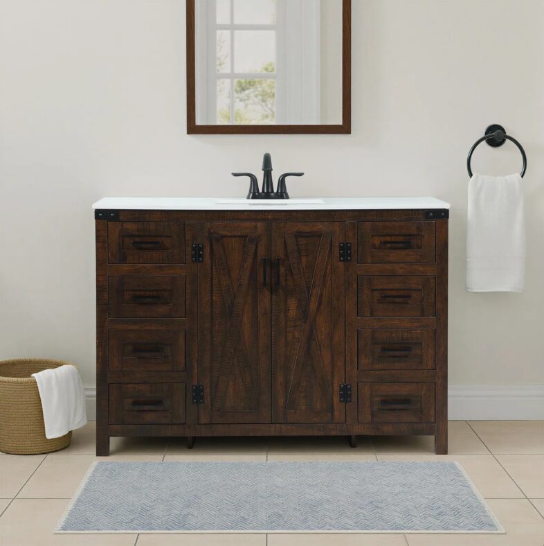 Industrial Rustic Dark Oak Bathroom Vanity with Abundant Drawer Storage for Modern Farmhouse Bath