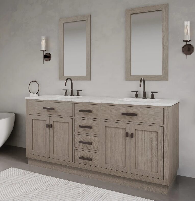 72 Inch Weathered Oak Shaker Double Sink Bathroom Vanity with Carrara White Marble Countertop & Matte Black Hardware