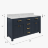 4 60 Inch Navy Blue Shaker Double Sink Bathroom Vanity, Carrara White Marble Top & Brushed Gold Hardware