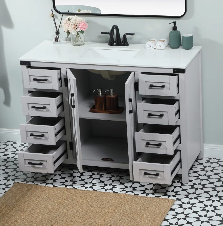 4 Modern Farmhouse Grey Single Vanity with Massive Drawer Storage for Guest & Main Bath