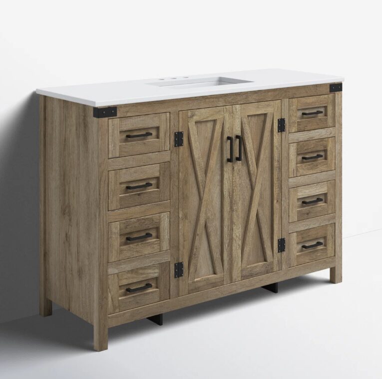 4 Rustic Barn Door Bathroom Vanity Cabinet with Drawer Storage & Quartz Top