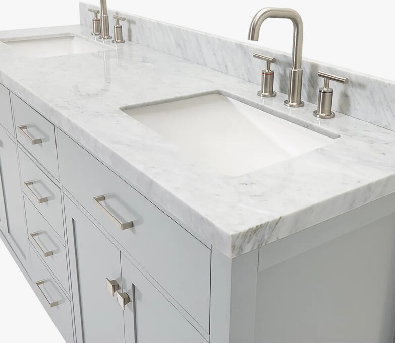 72 Inch Light Gray Shaker Double Sink Bathroom Vanity, Carrara White Marble Countertop & Brushed Nickel Hardware