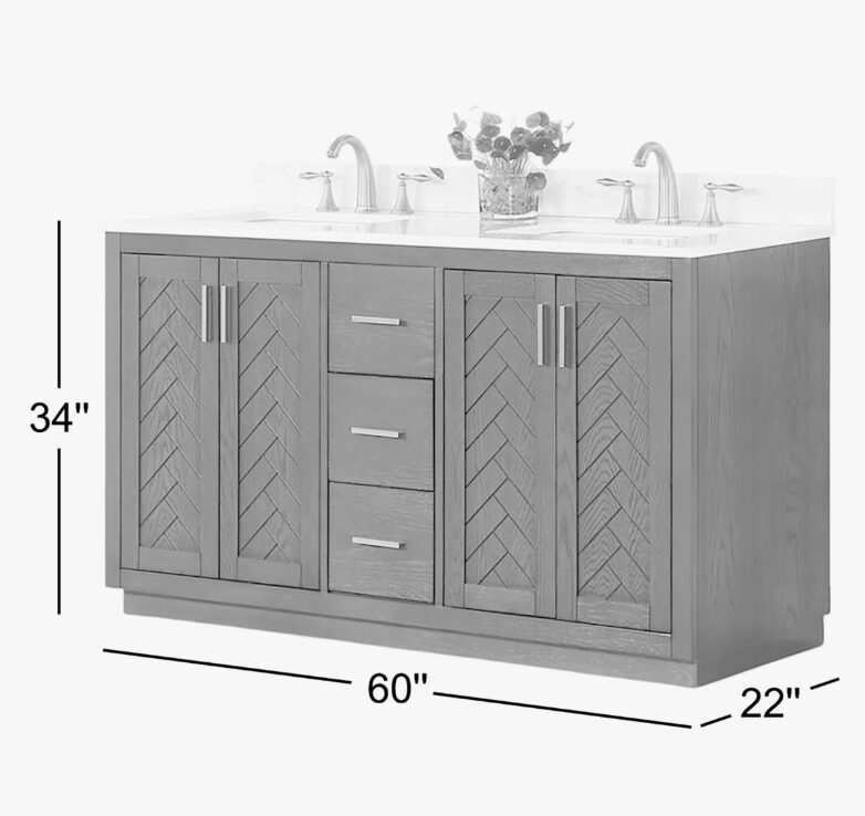 60 Inch Black Herringbone Wood Double Sink Bathroom Vanity, White Engineered Stone Top & Brushed Gold Bar Pulls