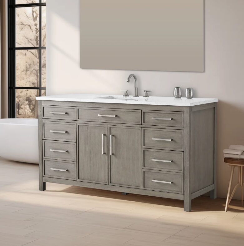 60 Inch Weathered Grey Single Sink Bathroom Vanity, White Marble Countertop & Brushed Nickel Hardware