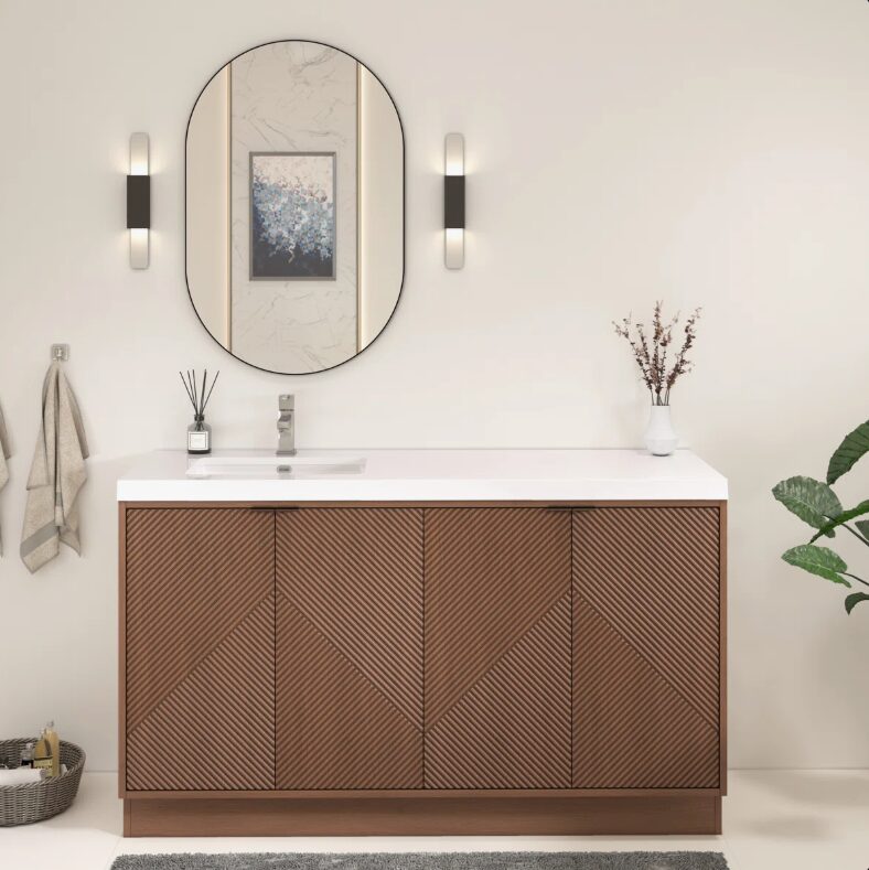 60 Inch Walnut Geometric Fluted Single Sink Floating Bathroom Vanity with Solid White Quartz Top