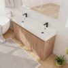 60 Inch Light Oak Freestanding Double Sink Bathroom Vanity, Integrated Solid White Quartz Countertop