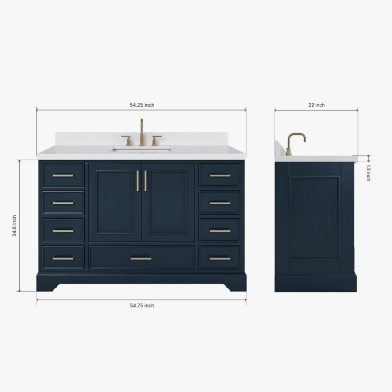 Luxury Navy Bathroom Vanity with Brushed Gold Pulls & Ample Soft-Close Storage