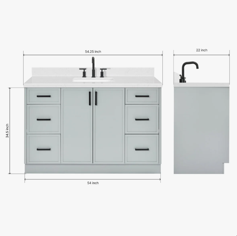 4 Modern Light Gray Bathroom Vanity with Black Pulls & Multi Compartment Soft-Close Storage