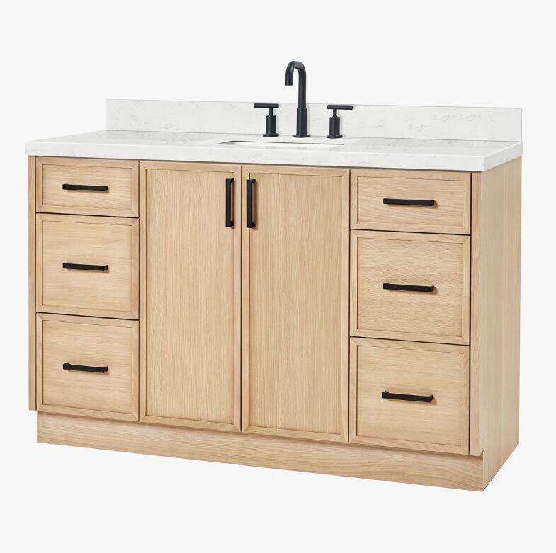 Natural Oak Bathroom Vanity Cabinet with Black Pulls & Large Soft-Close Storage