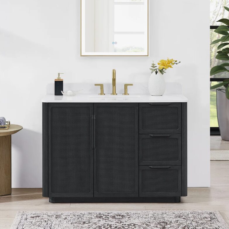 48" Black Rattan Complete Bathroom Vanity Set with Quartz Countertop