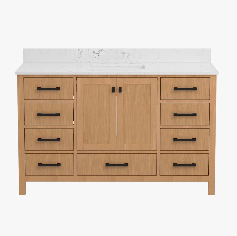 4 Warm Oak Bathroom Vanity Cabinet with Black Pulls & Large Symmetric Soft-Close Storage