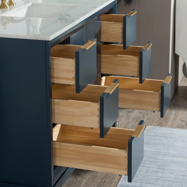 4 Elegant Navy Bathroom Vanity with Gold Hardware, Large Soft-Close Storage & Marble Top