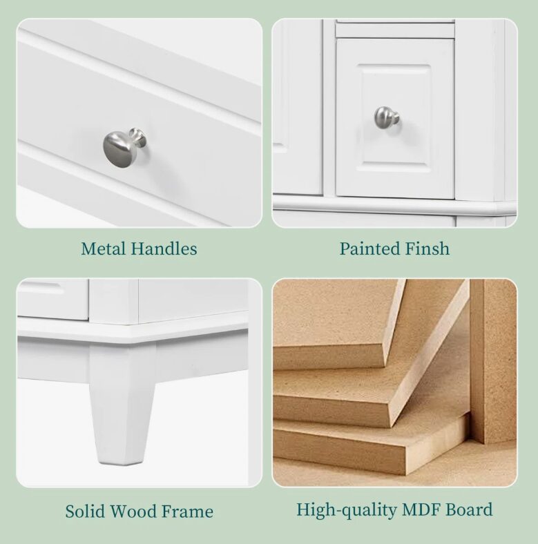 4 Organized Storage White Bathroom Vanity with Soft-Close Drawers & Door Storage Rack