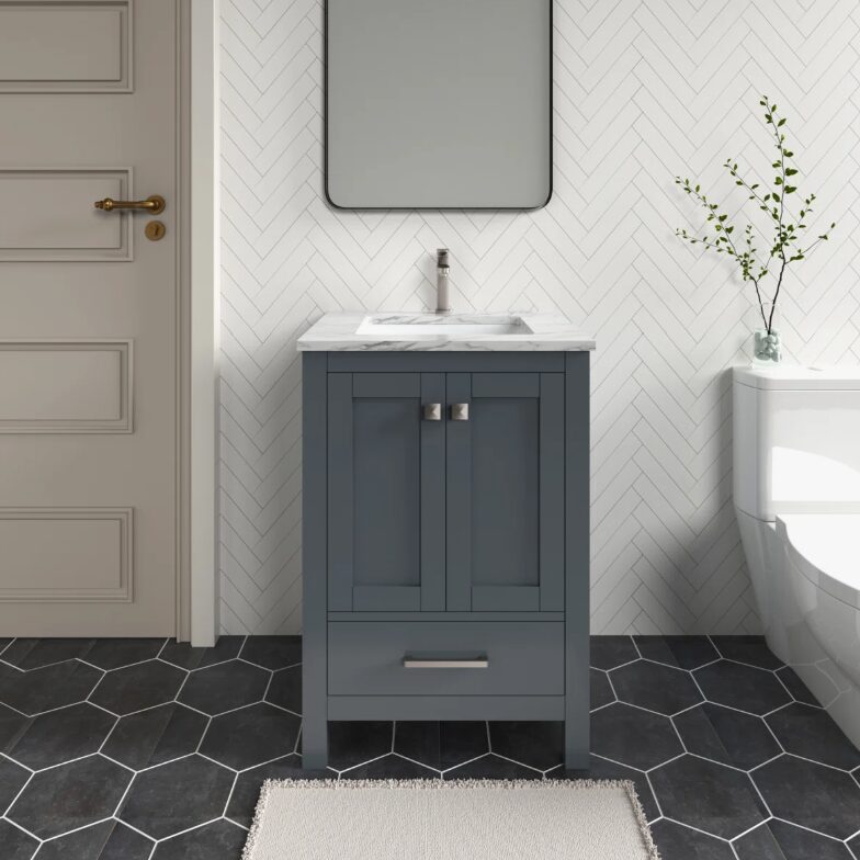 4 Modern Shaker Dark Gray Bathroom Vanity with Double Doors & Large Wood Storage Drawer