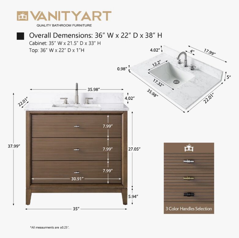 Spacious Storage Fluted Walnut Bathroom Vanity with Full Soft-Close Solid Wood Drawers