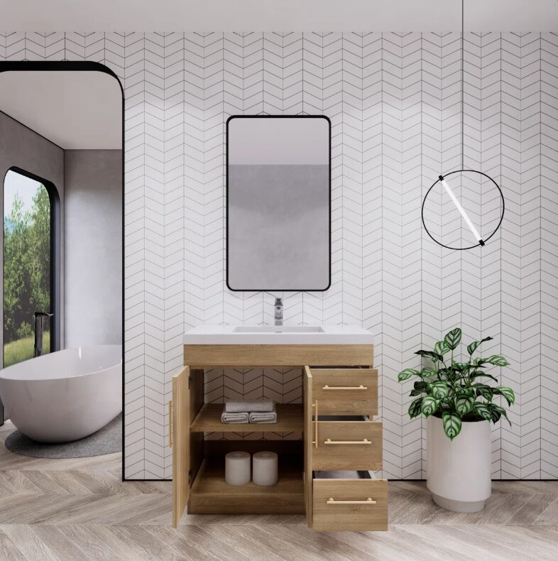 4 Multi-Storage Oak Bathroom Vanity with Soft-Close Drawers & Door, Gold Bar Hardware