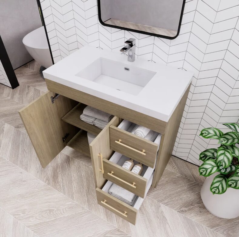 4 Dual Storage Oak Bathroom Vanity with Full Soft-Close Drawers & Cabinet Doors