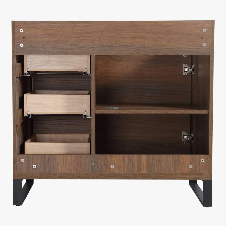 4 Mid-Century Walnut Bathroom Vanity with Full Soft-Close Hardware & Adjustable Inner Shelf