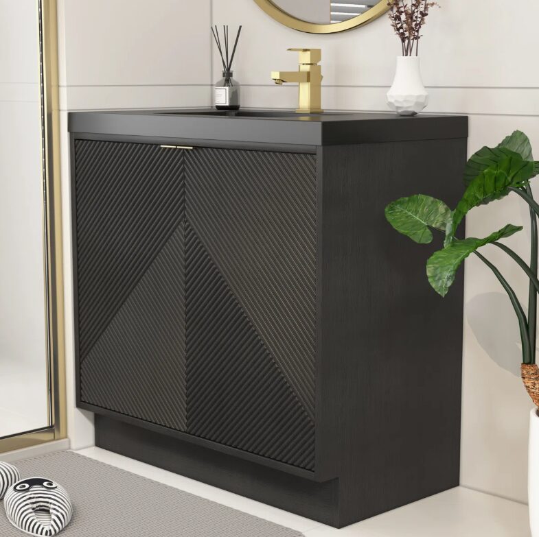 Contemporary Ribbed Black Bathroom Vanity with Full Soft-Close Mechanism & Adjustable Shelf