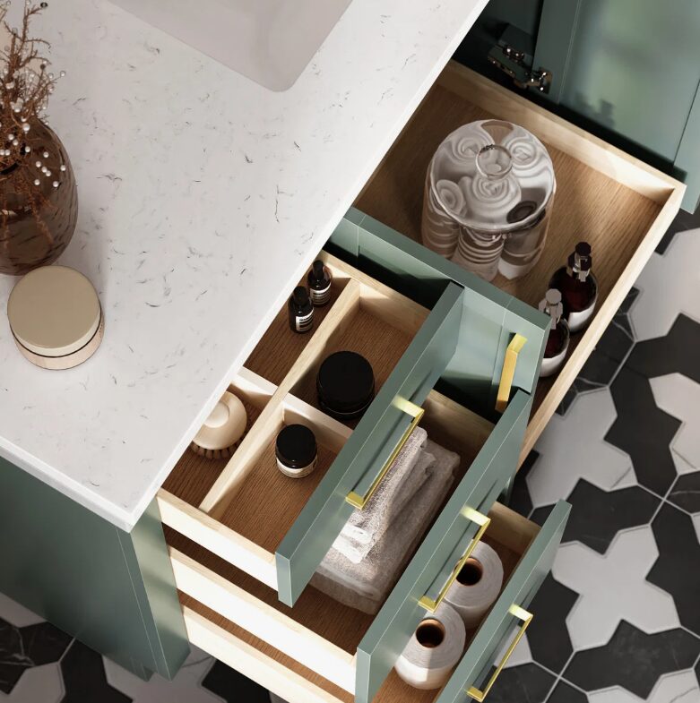 Transitional Sage Green Wood Bathroom Vanity with Full Soft-Close Hardware & Solid Pine Drawer Boxes