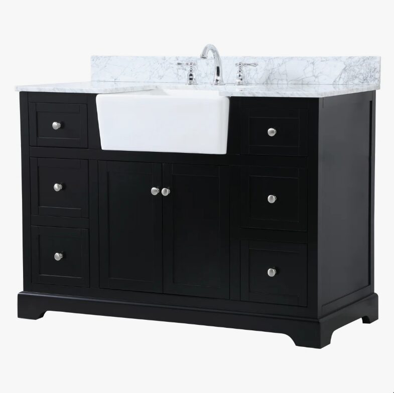 4 Transitional Matte Black Farm Vanity with Soft-Close Hardware & Natural Marble Countertop
